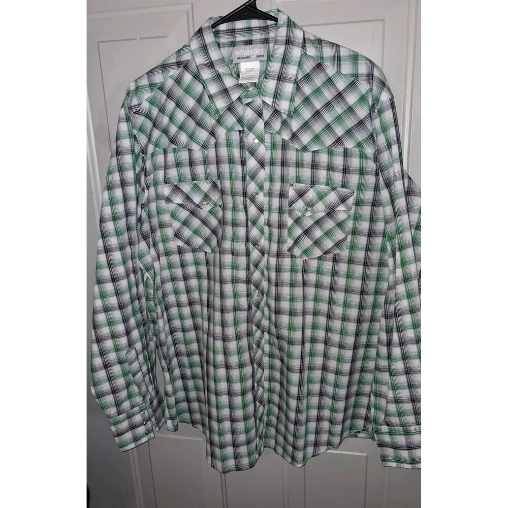 Wrangler Wrancher Western Shirt XL Green Plaid Pearl Snap Cowboy